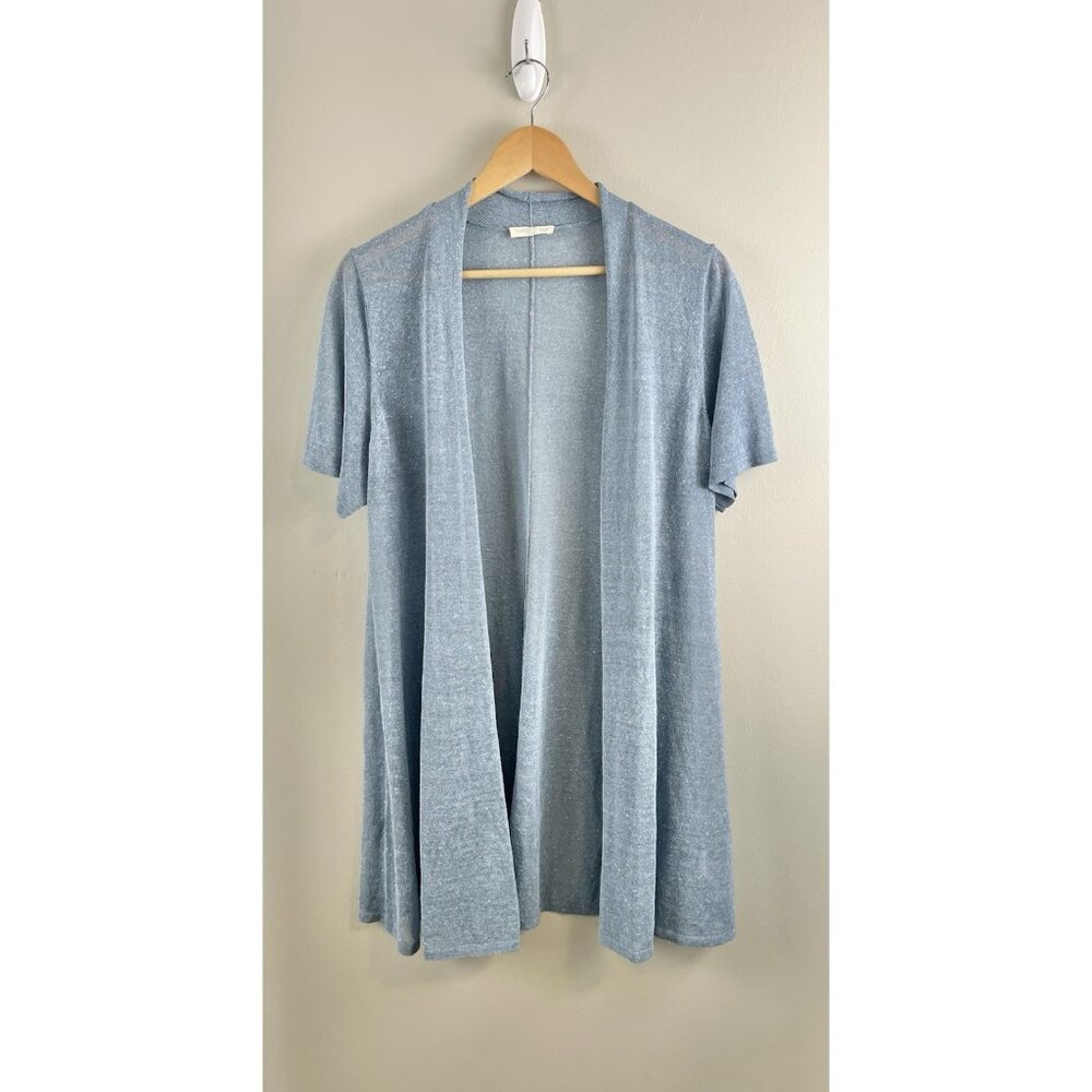 Eileen Fisher Open Front Long Cardigan‎ Linen Blend Size M/L? Blue Short Sleeve